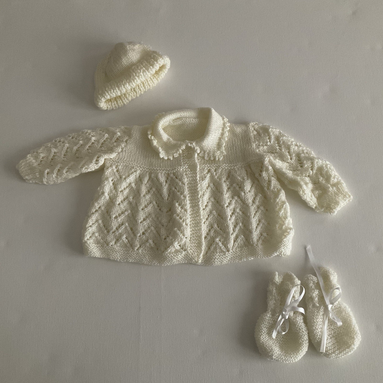 Hand Knitted Baby Matinee Jacket, Beanie & Mittens Size 6-9 Months
