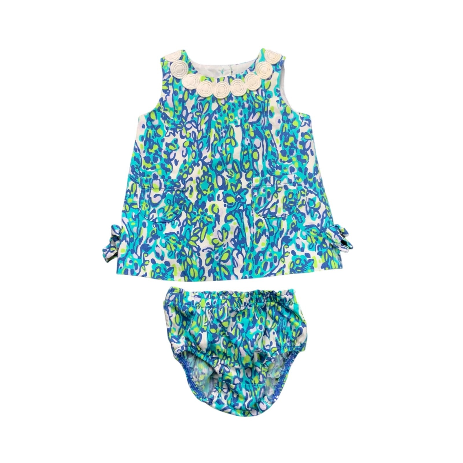 Lilly Pulitzer Baby Girls Dress Bloomer Set 3-6 Months Blue Green Floral Preppy