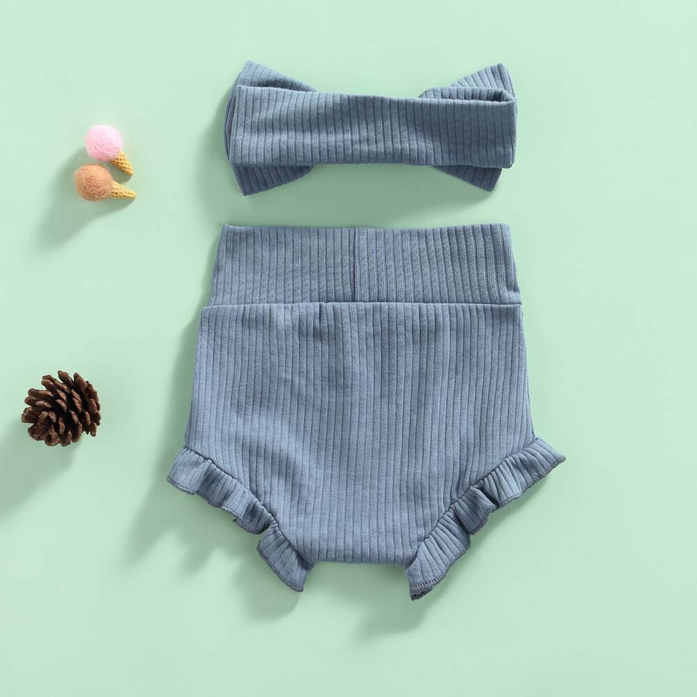 Newborn Infant Baby Girl Ruffle Short Pants Solid Headband Clothes Outfits Set