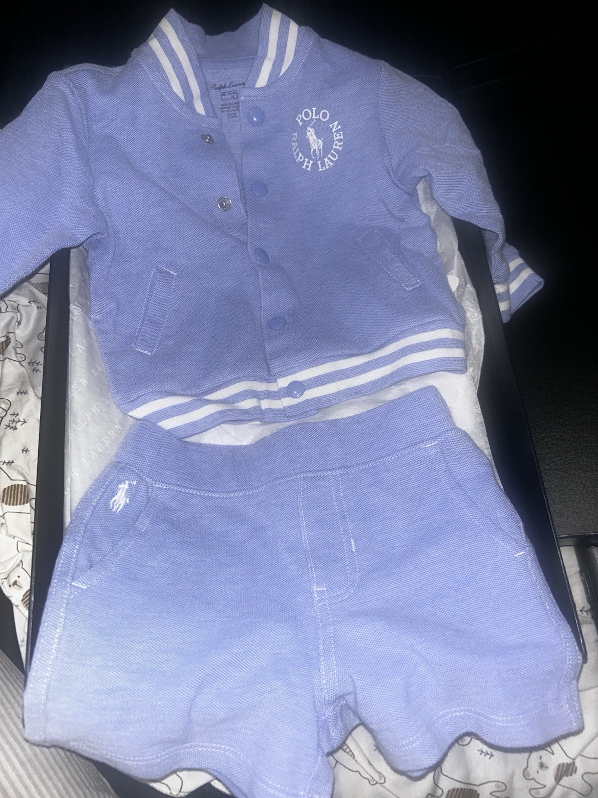 Polo Ralph Lauren Baby Boys’ Blue Cotton Varsity Jacket and Shorts Set. Size 6M