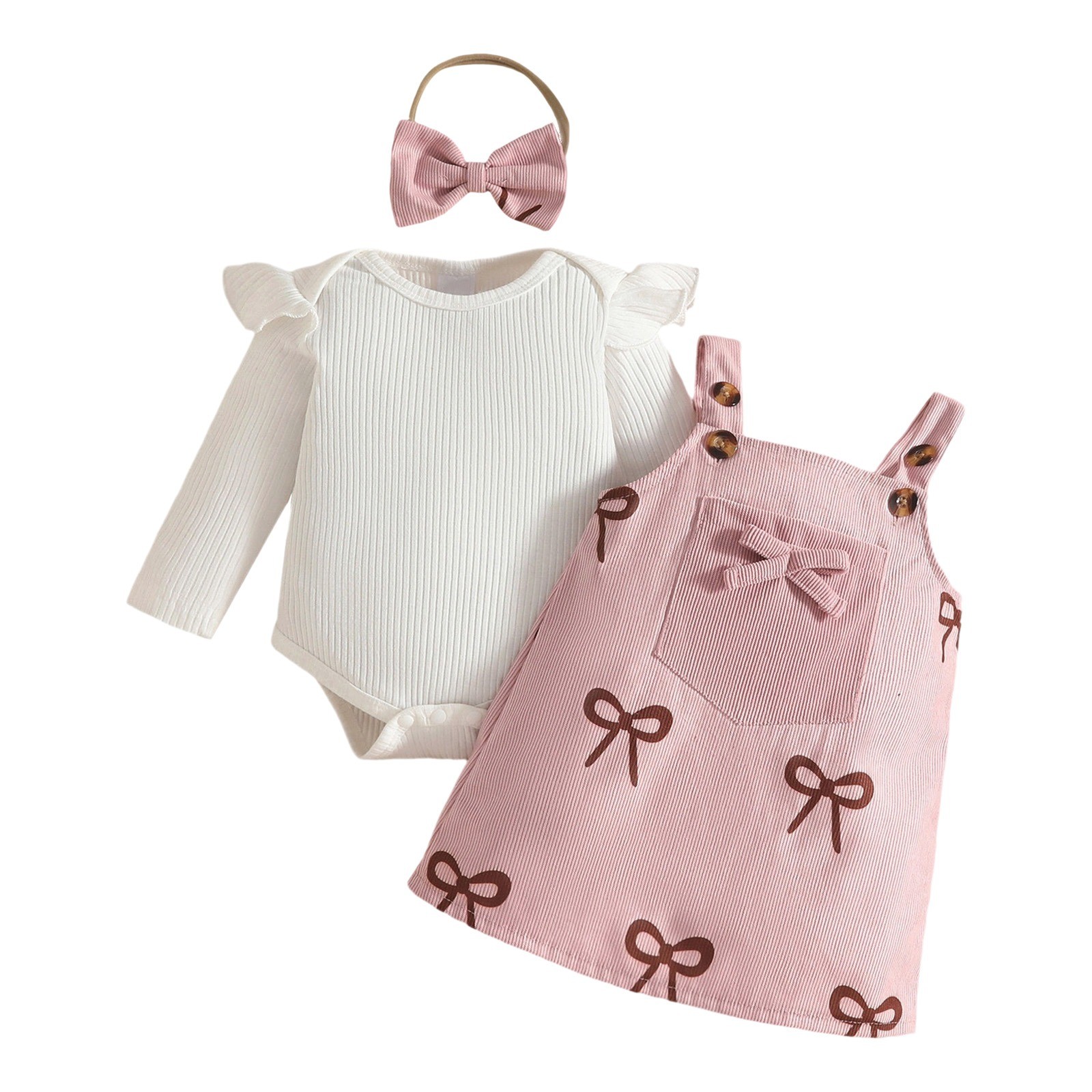Baby Girls Romper With Overall Dress Ruffled Headband Bodysuit Jumpsuit Casual