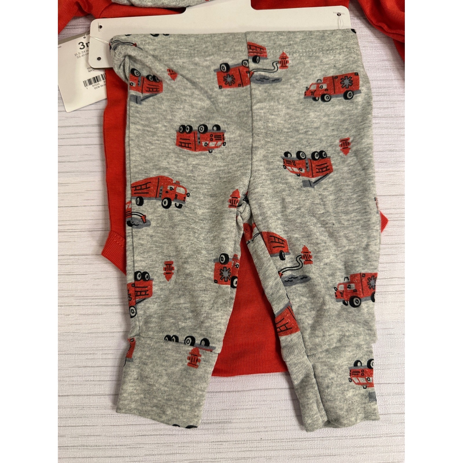 Carters Infant 3M 3pc Outfit Set Red Grey Fire Truck Rescue Bodysuits Pants NEW