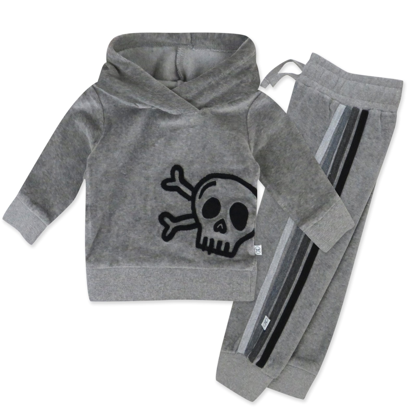 HonestBaby Velour Pullover Hoodie and 6-9 Months, Heather Gray Skull Stripe