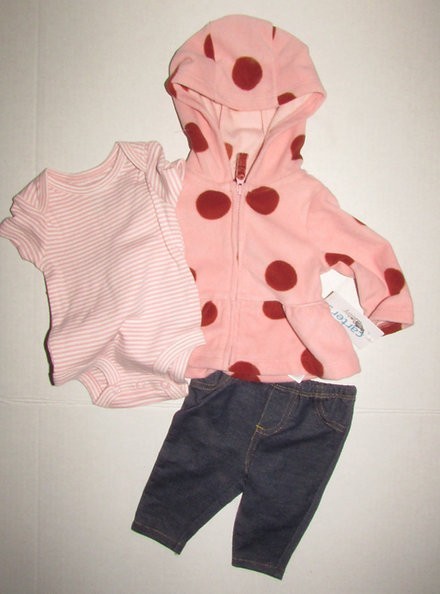 CARTERS 3 piece set pink/maroon/denim POLKA DOT motif size NEWBORN