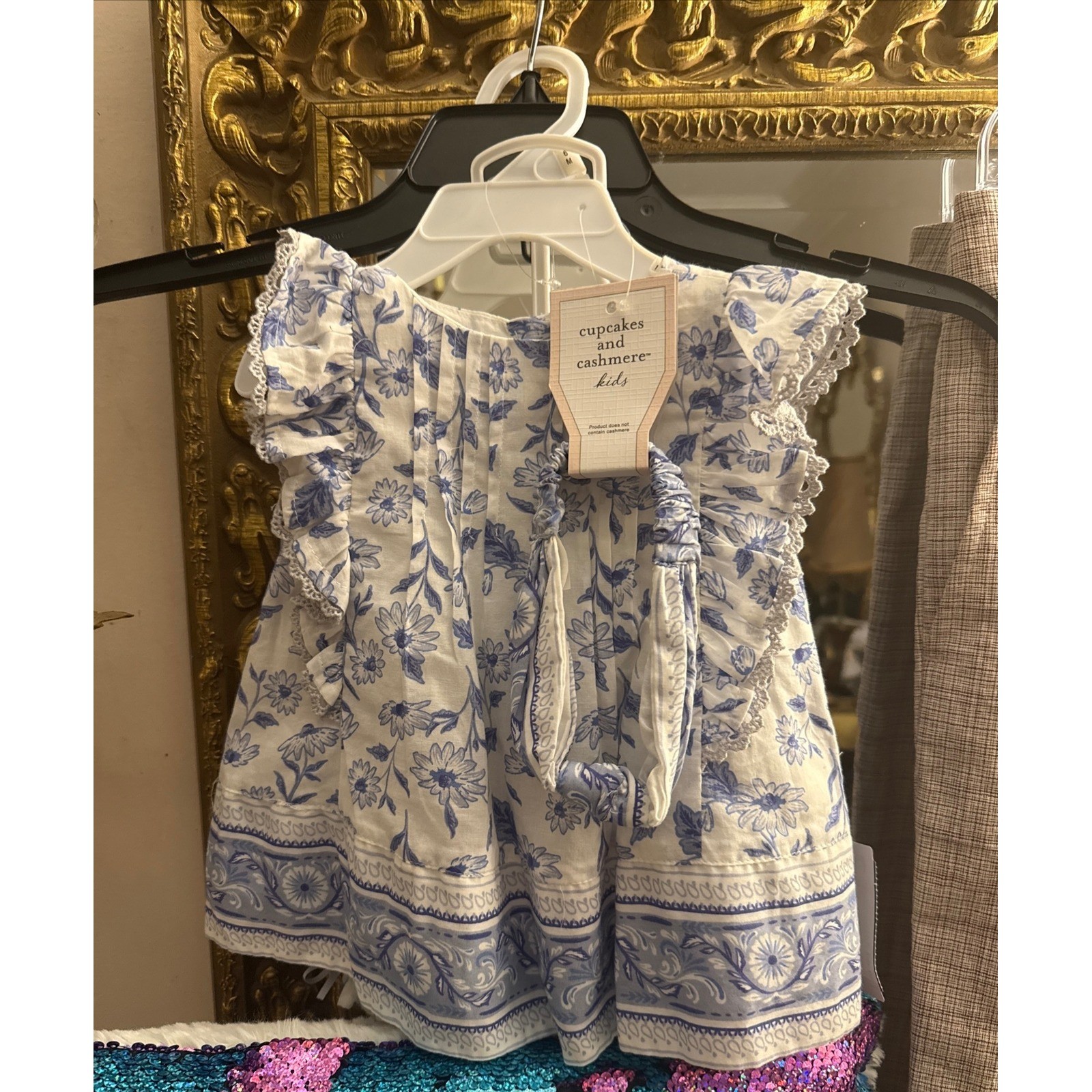 Cupcakes and Cashmere Kids Blue Floral 3pc Set Top Bloomers Headband 3-6M NWT