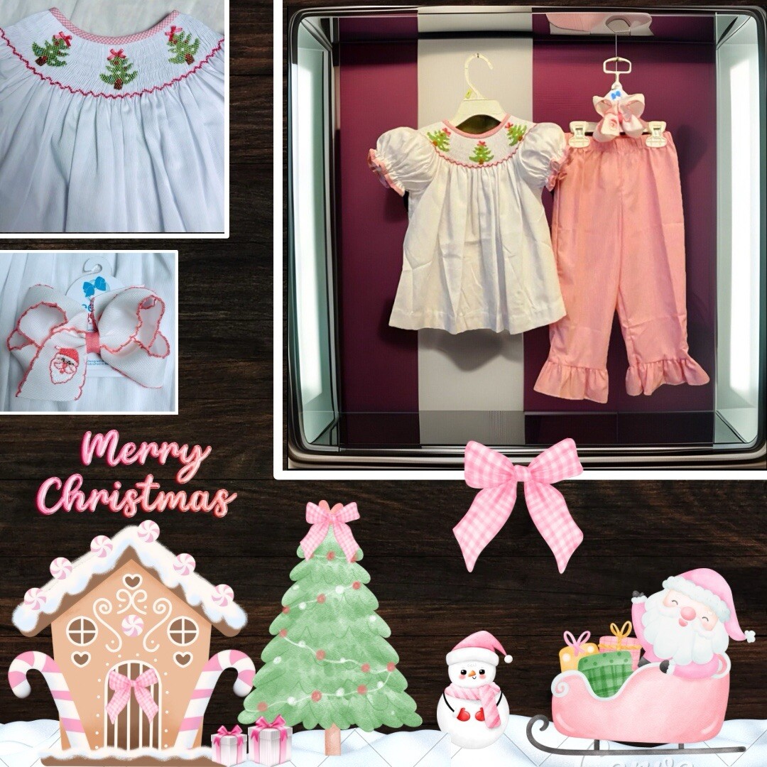 Girls NWT Classic Whimsy Smocked Pants Set & Top Christmas 3 Pc Wee Ones Bow 3T