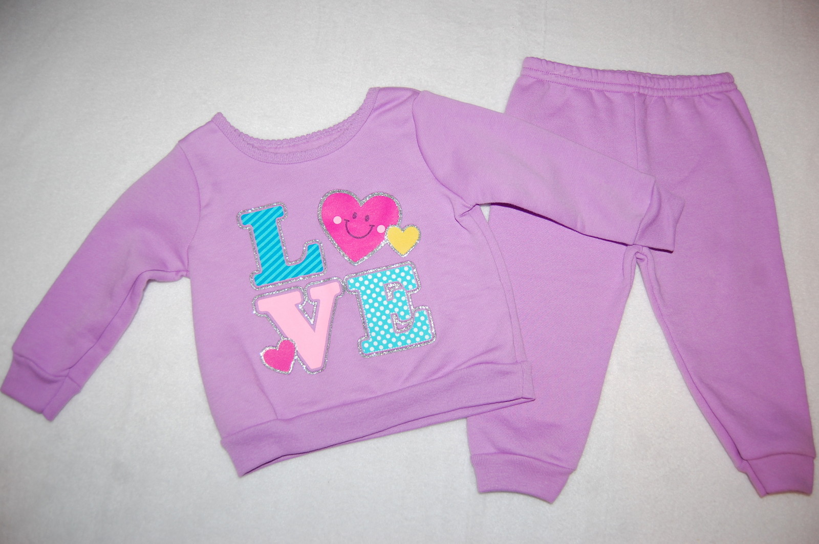 Baby Girls LAVENDER PURPLE SWEATSHIRT & PANTS Glitter Heart LOVE Pink 6-9 MO