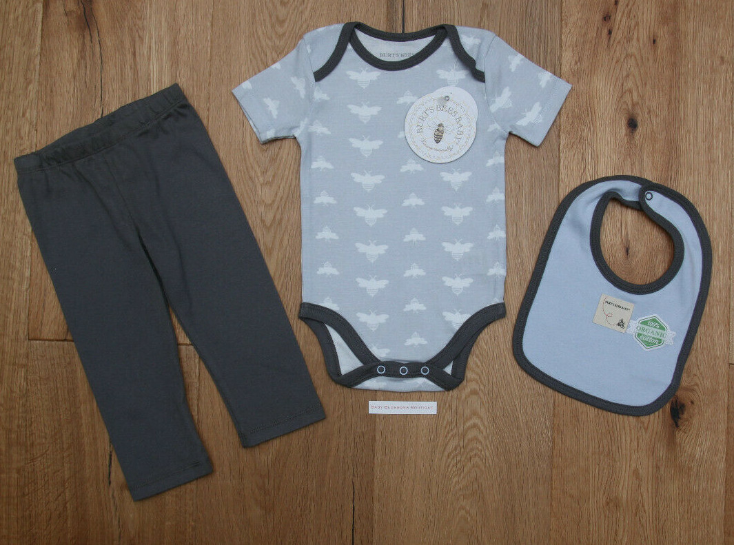 Burt’s Bees Baby Boy Bodysuit, Pants & Bib Set~Blue, White & Gray~Organic Cotton