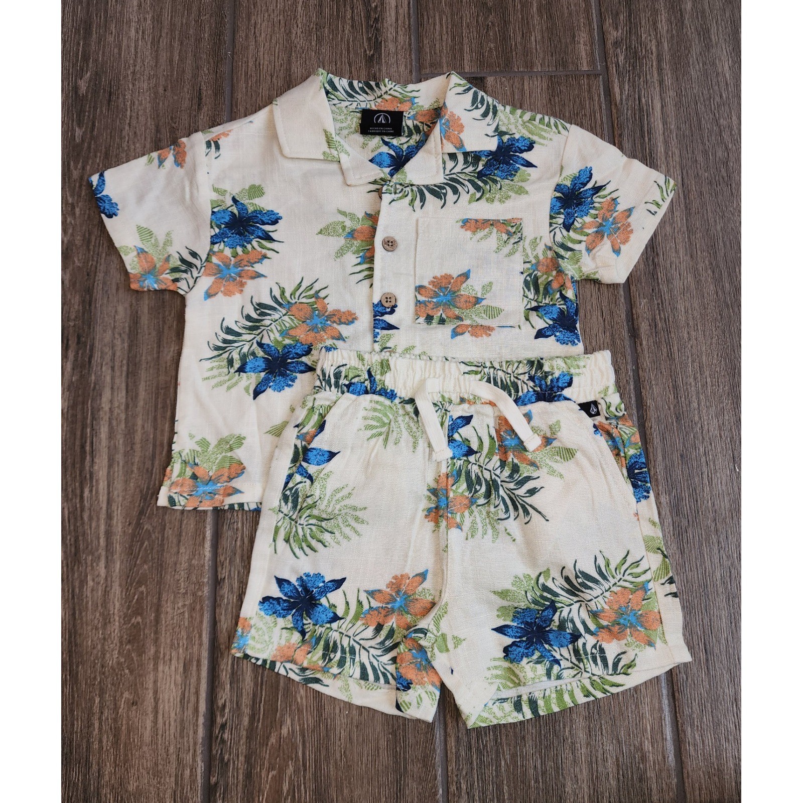 Volcom Kids Boys 12M Aloha Tropical Hawaiian Shirt Shorts Set Cream Blue Orange