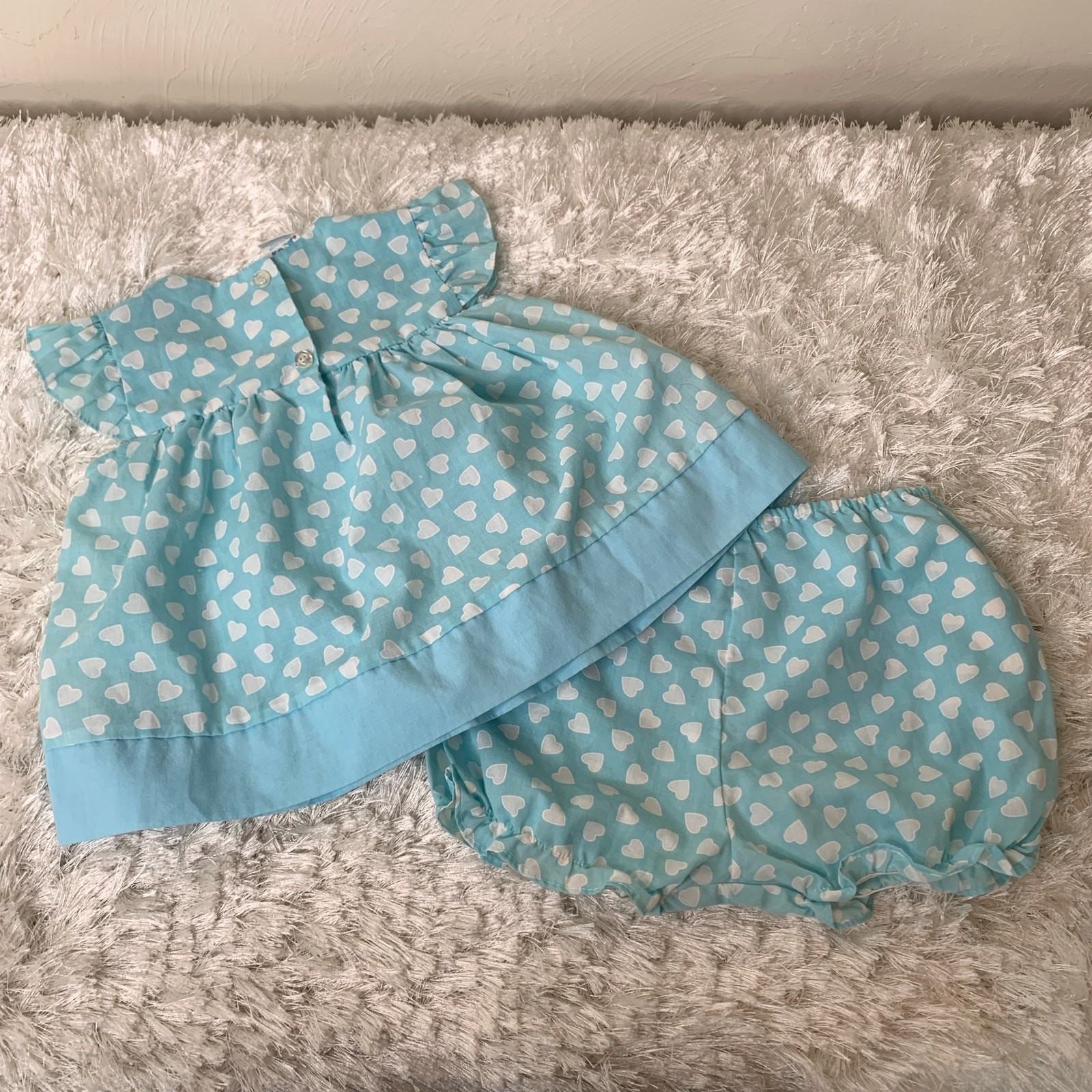 Vintage Aqua Blue Heart Print 2 Piece Set Dress Bloomers Sz 24 Months