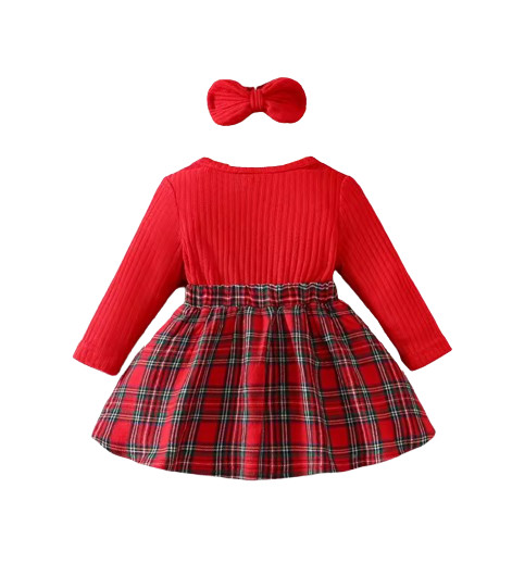 Baby Girl Red Plaid Dress Set with Bow Headband Ruffle Sleeve Ribbed Top Valenti