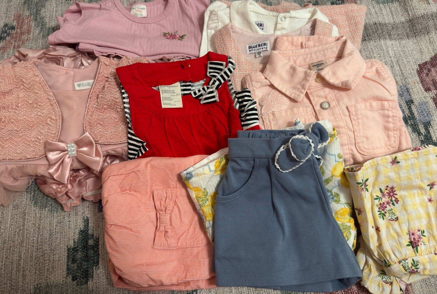 14 Piece Assorted Baby Girl Clothing 12-18M Denim Dress, Sets Oshkosh B’Gosh