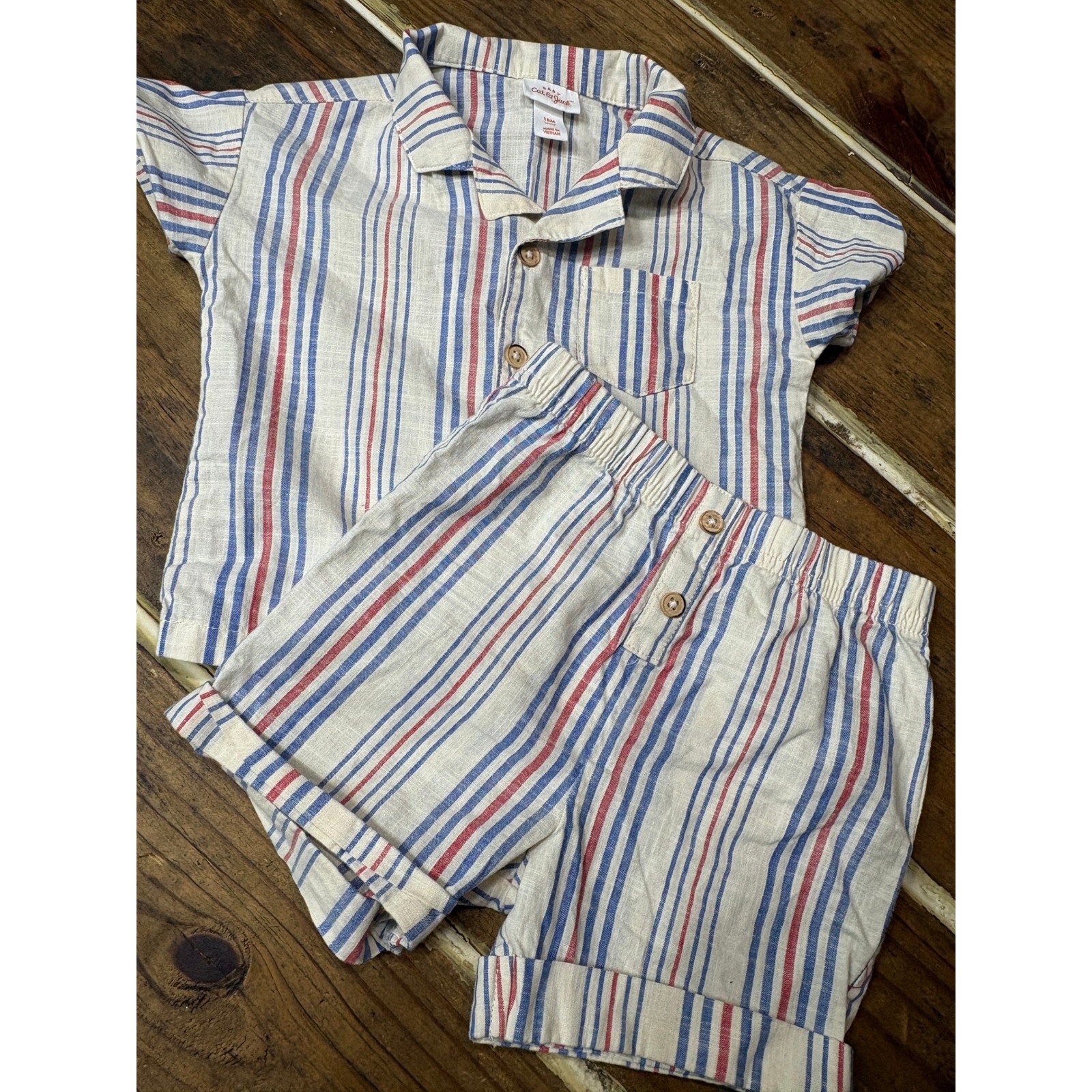 Cat & Jack Baby Boys 18M Boho Striped Shirt and Shorts Set Red Blue Cream