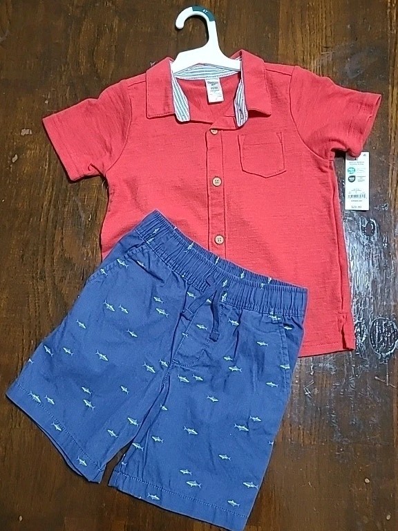 OshKosh B’gosh Toddler Boys 4T Red Button Shirt Navy Shark Print Shorts Set-NEW