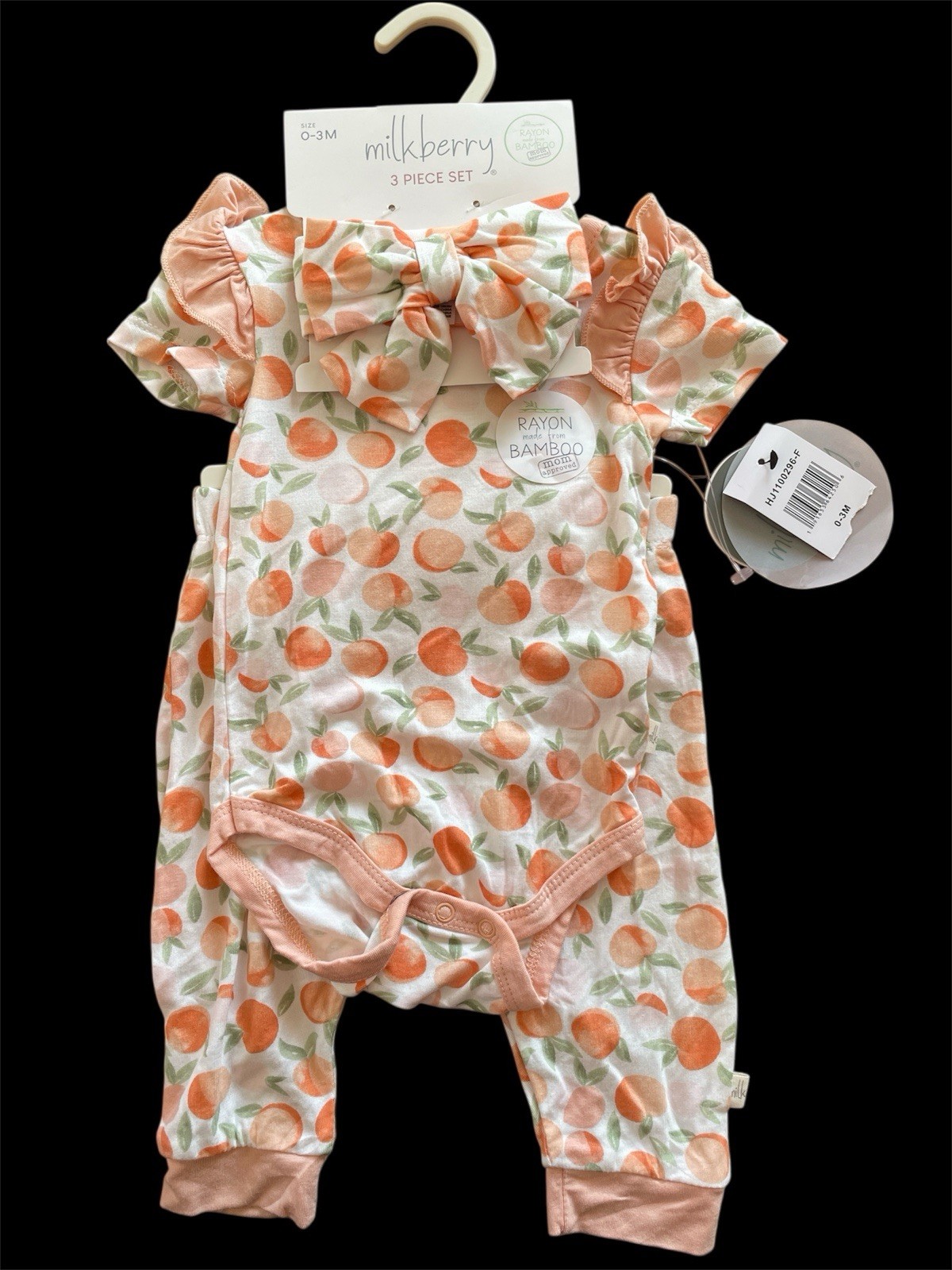 Milkberry NWT White/Coral Peaches Bamboo Bodyshirt, Pants & Headband-0-3Mos