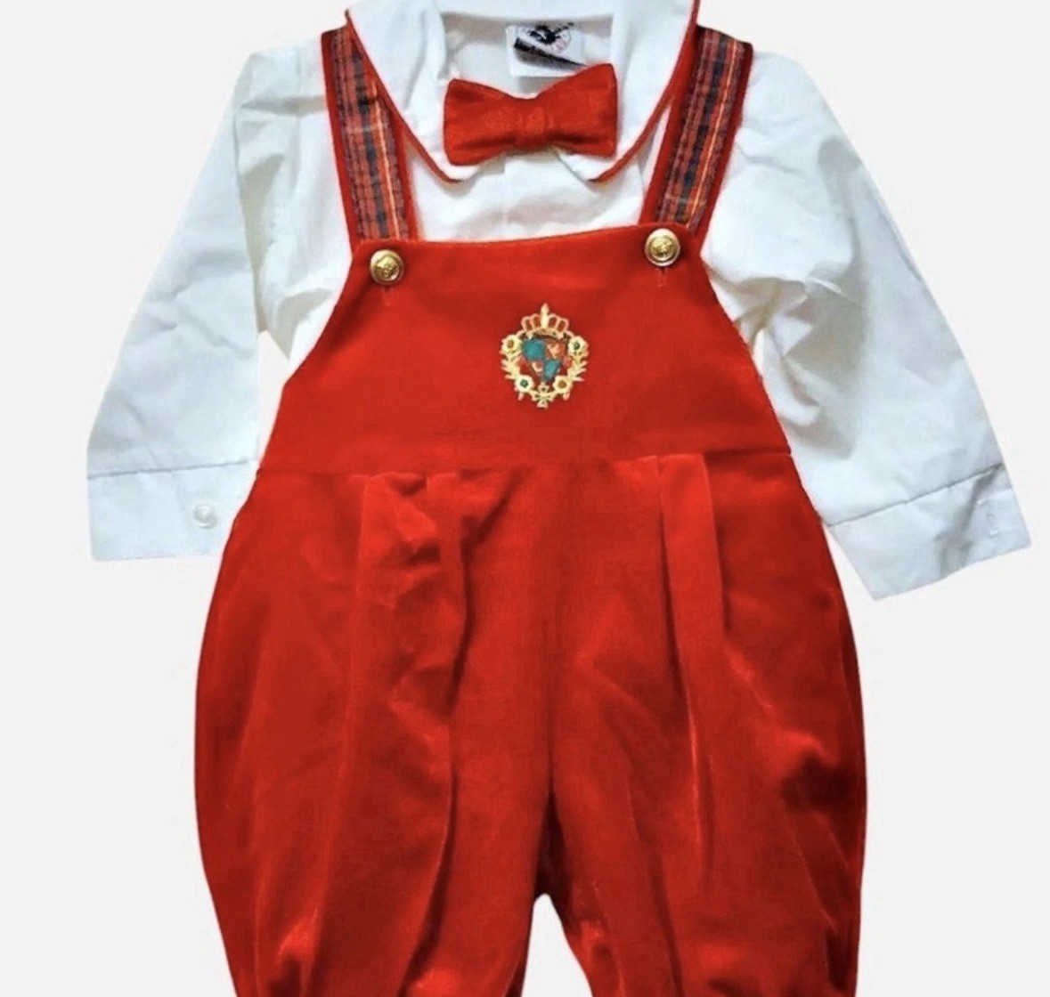 Good Lad Boys 12M 2pc Velvet Plaid Overalls & Long Sleeve Shirt w/ Bow