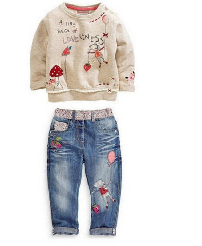 2Pcs Toddler Infant Girls Outfits Long Sleeve Tops +Denim pants Kids Clothes Set
