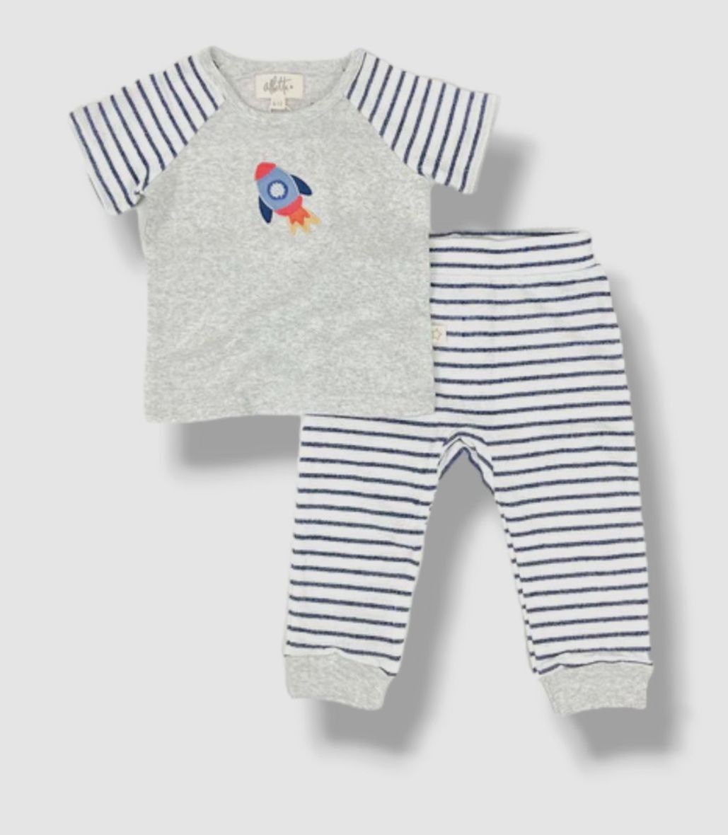 $70 Albetta Baby Gray White Rocket Embroidered Cotton 2 Piece Set Size 12-18M