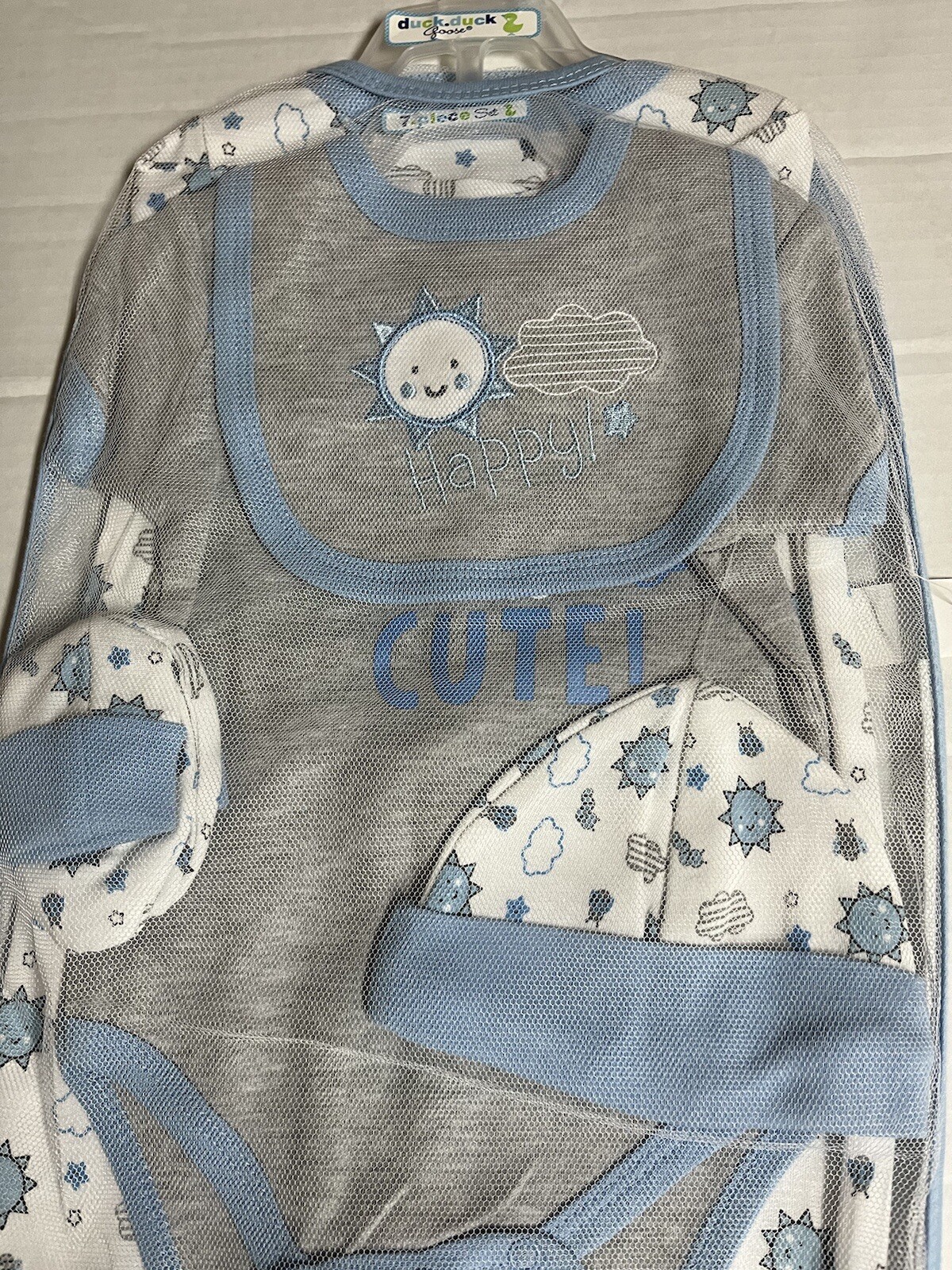 New Baby boy 7 piece set sleeper shirt bib hat & mittens sun & clouds size 6-9