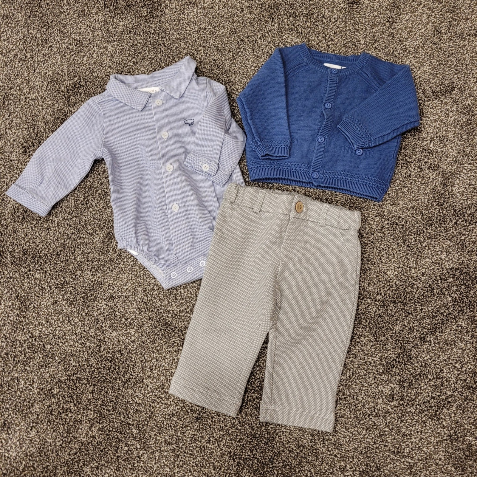 Mayoral Newborn Baby Boy 3pc Set Cardigan Bodysuit Trousers Blue Grey 1-2M 60cm