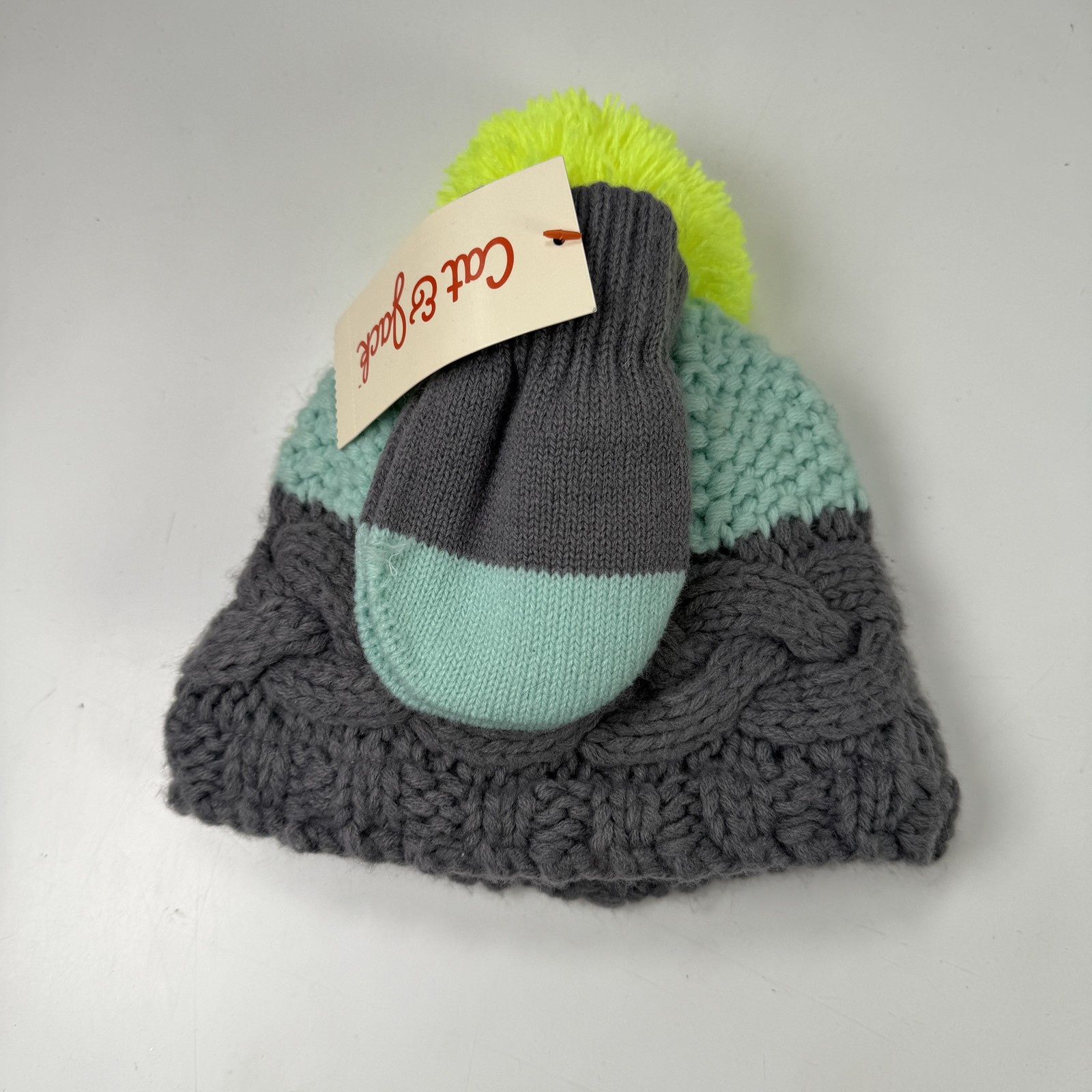 Cat & Jack Infant Baby Hat & Mitten Set Grey Mint Green Neon Pom-Pom Cable Knit