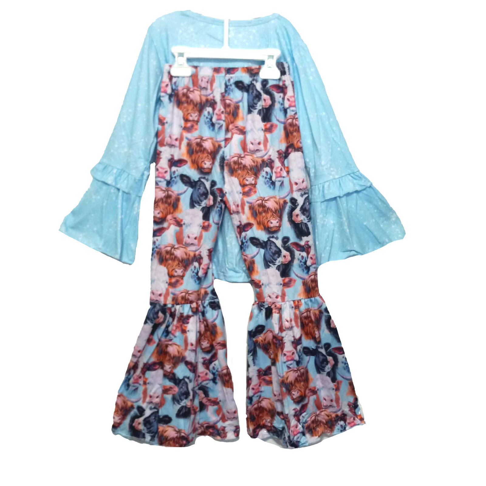 New Boutique Girls 3T Highland Cow Bell Pants Set Outfit Long Sleeve Outfit