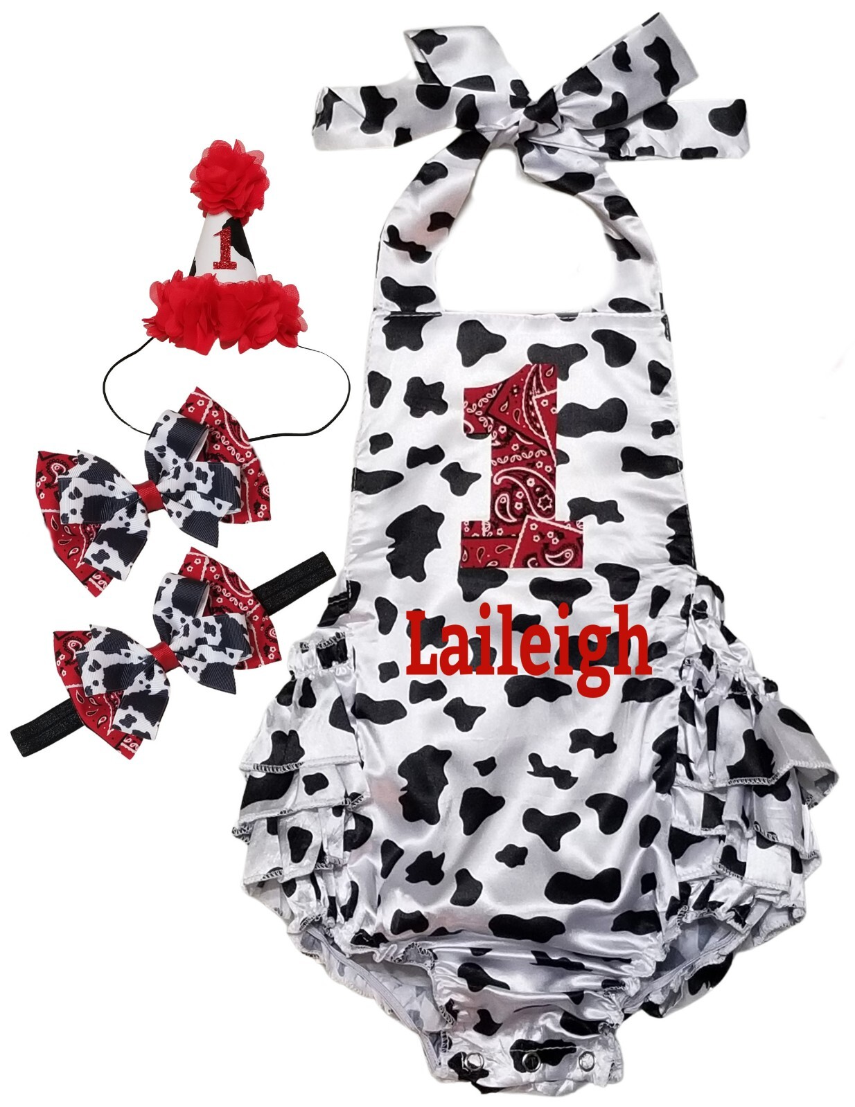 Cowgirl 1ST Birthday Romper – Cow Print & RED Bandana – Personalized ROMPER