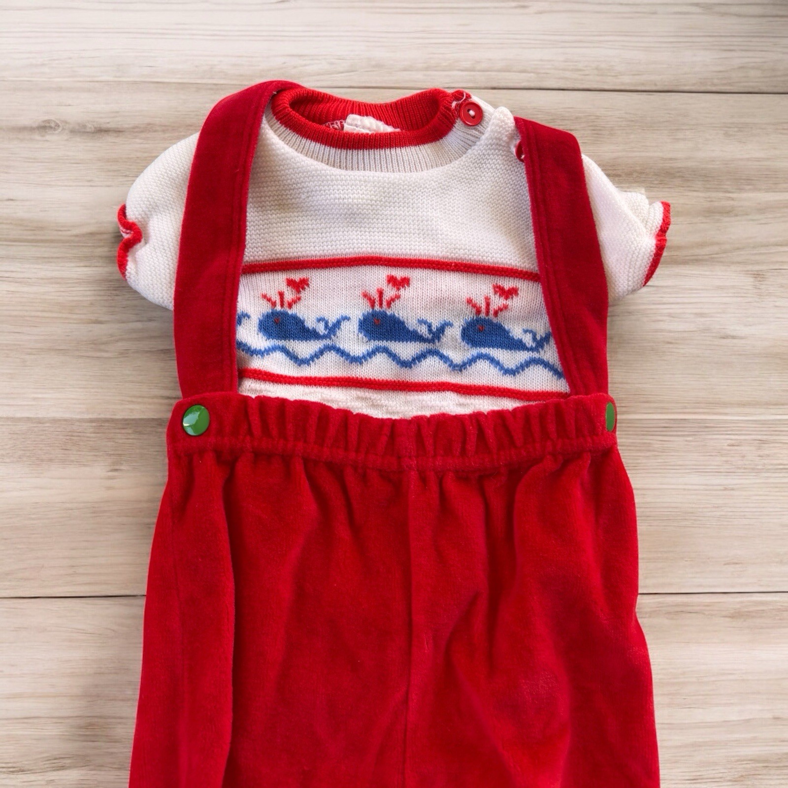 Vintage Baby Boy Outfit 0-6mo Nautical Sweater Overalls Whales 80’s Red Acrylic