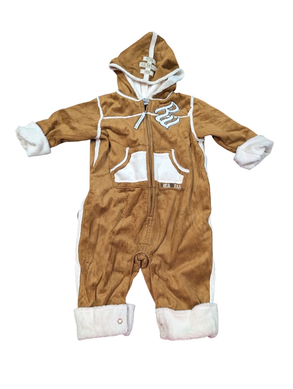 Y2K Rocawear Baby 18 Mo Romper Soft Fuzzy Vintage Bunting Brown White Outfit