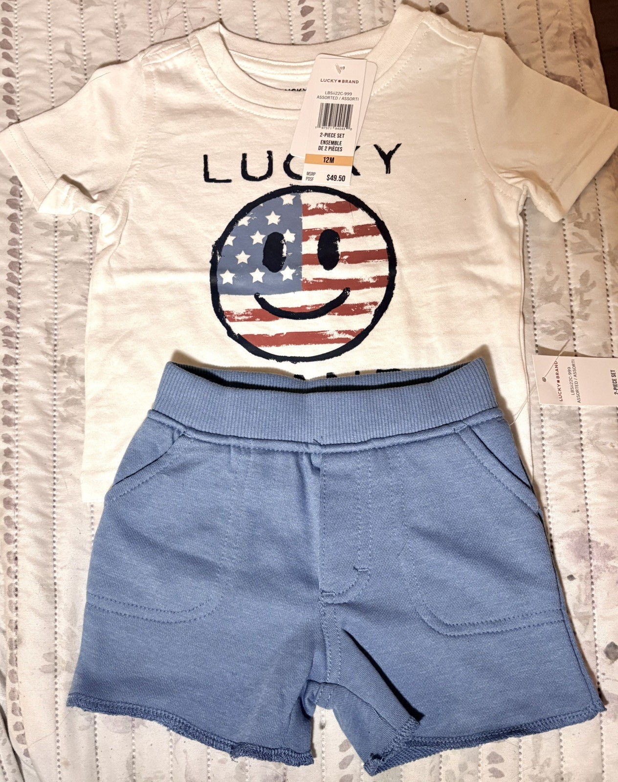 2 PIECE LUCKY BRAND HAPPY FACE American Flag Boys SET, SZ 12M Tshirt + Shorts