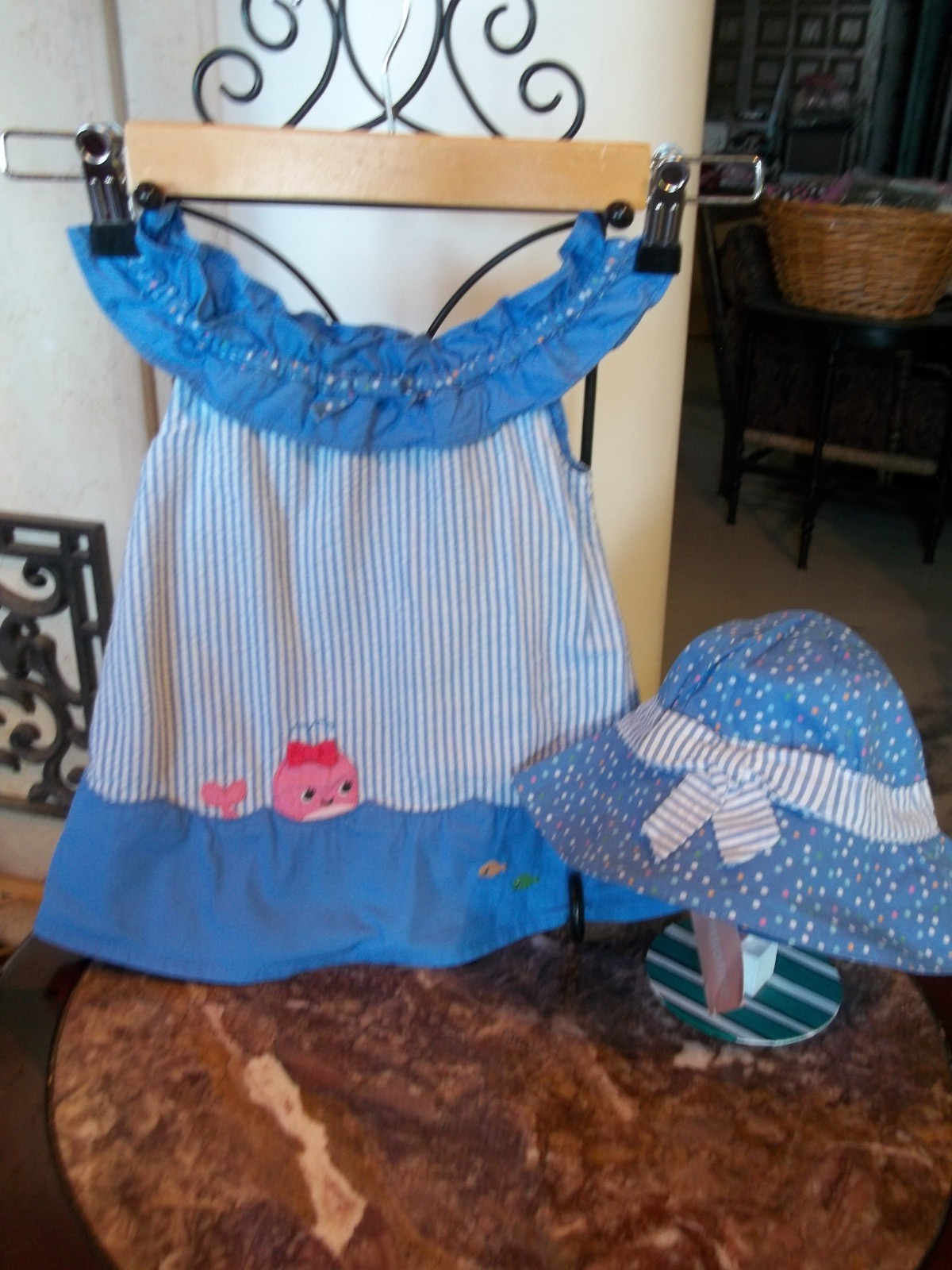 2013 Gymboree Bubbly Whale ruffle collar sun dress chin strap hat NWT 3-6