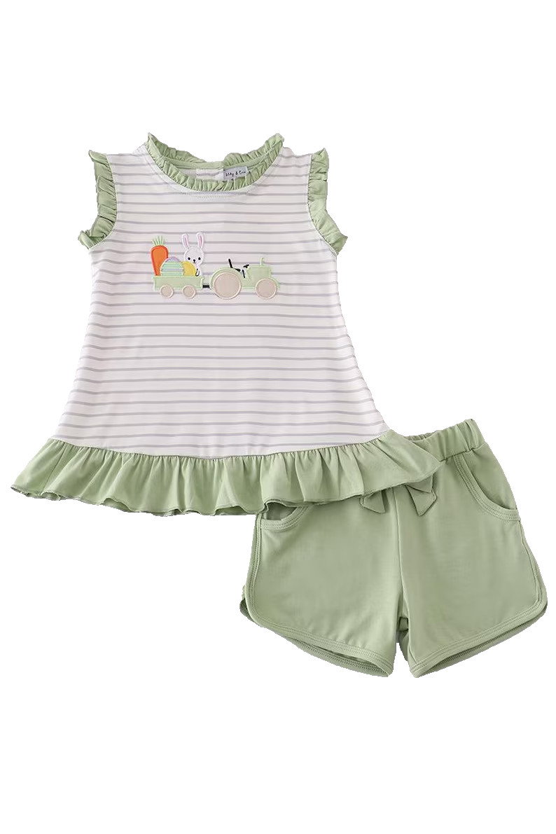 NWT Abby & Evie Bunny Embroidered Shorts Set 2T Tractor Rabbit Easter Ruffle