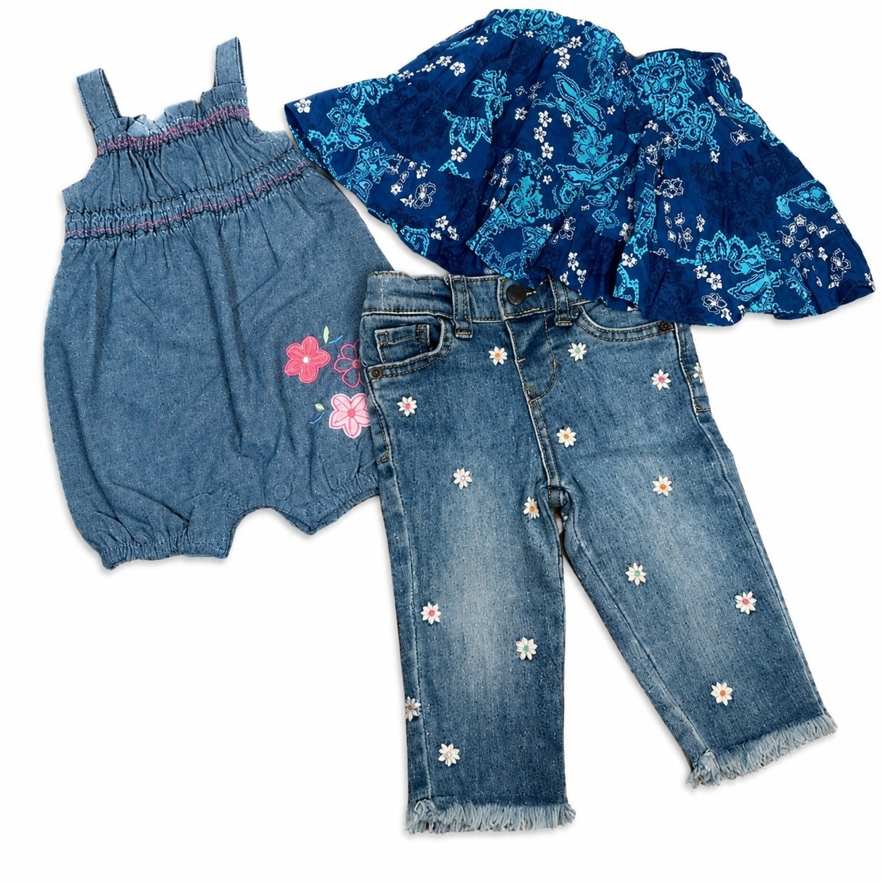 Cat & Jack Princess Rose Amy Coe Baby Bundle 0-12M Blue Floral Denim Set