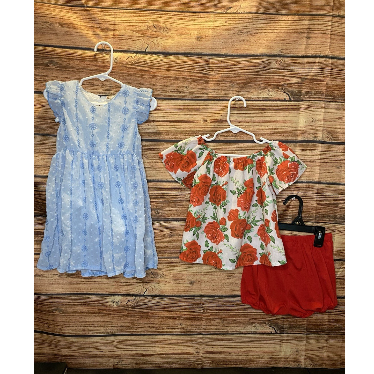 PatPat 18-24 Months Blue Red Floral 3 Piece Dress Top Shorts Outfit Set