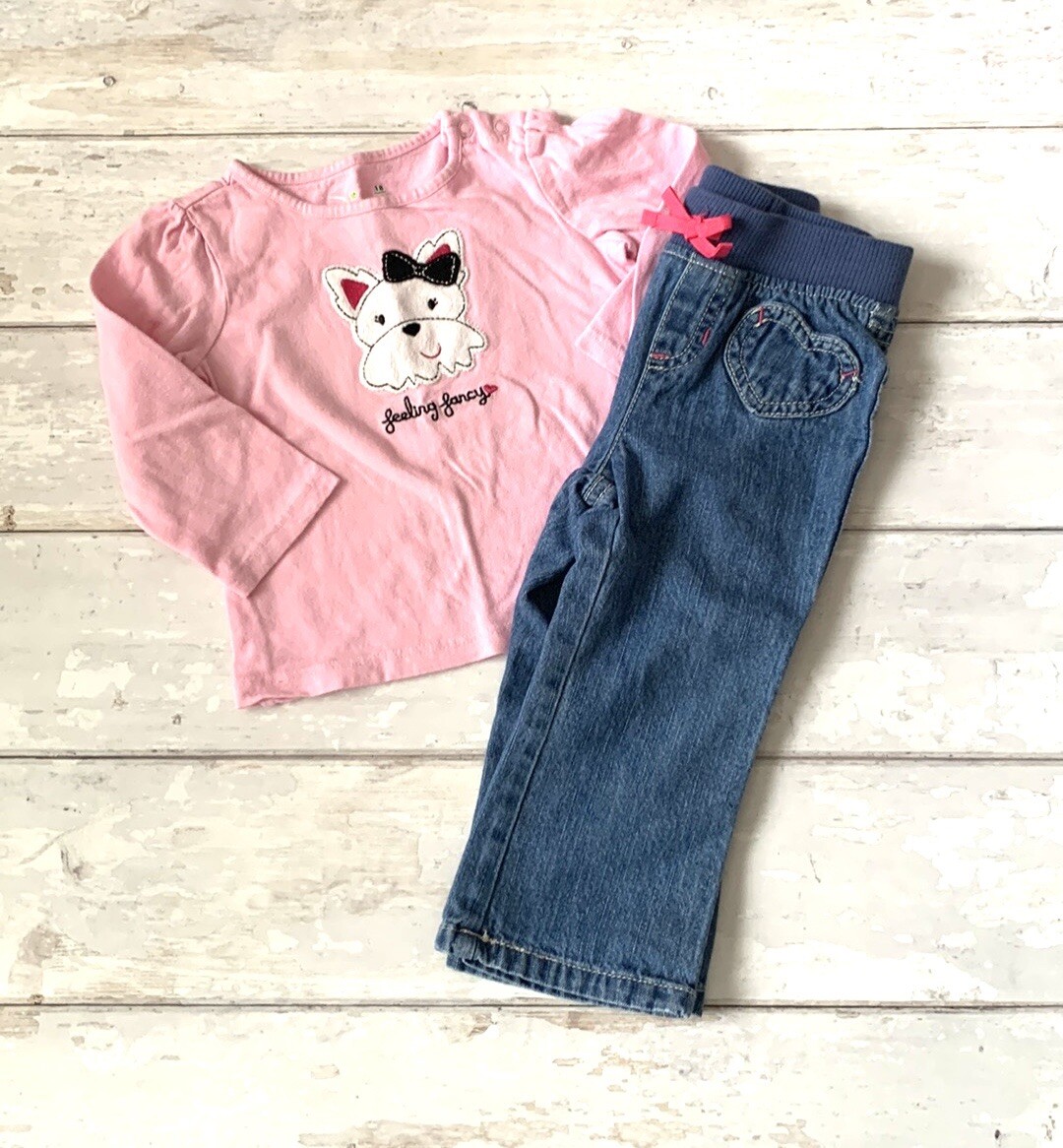 Baby Girl 18m Outfit Set Pink Long Sleeve Shirt Straight Flare Leg Denim Jeans