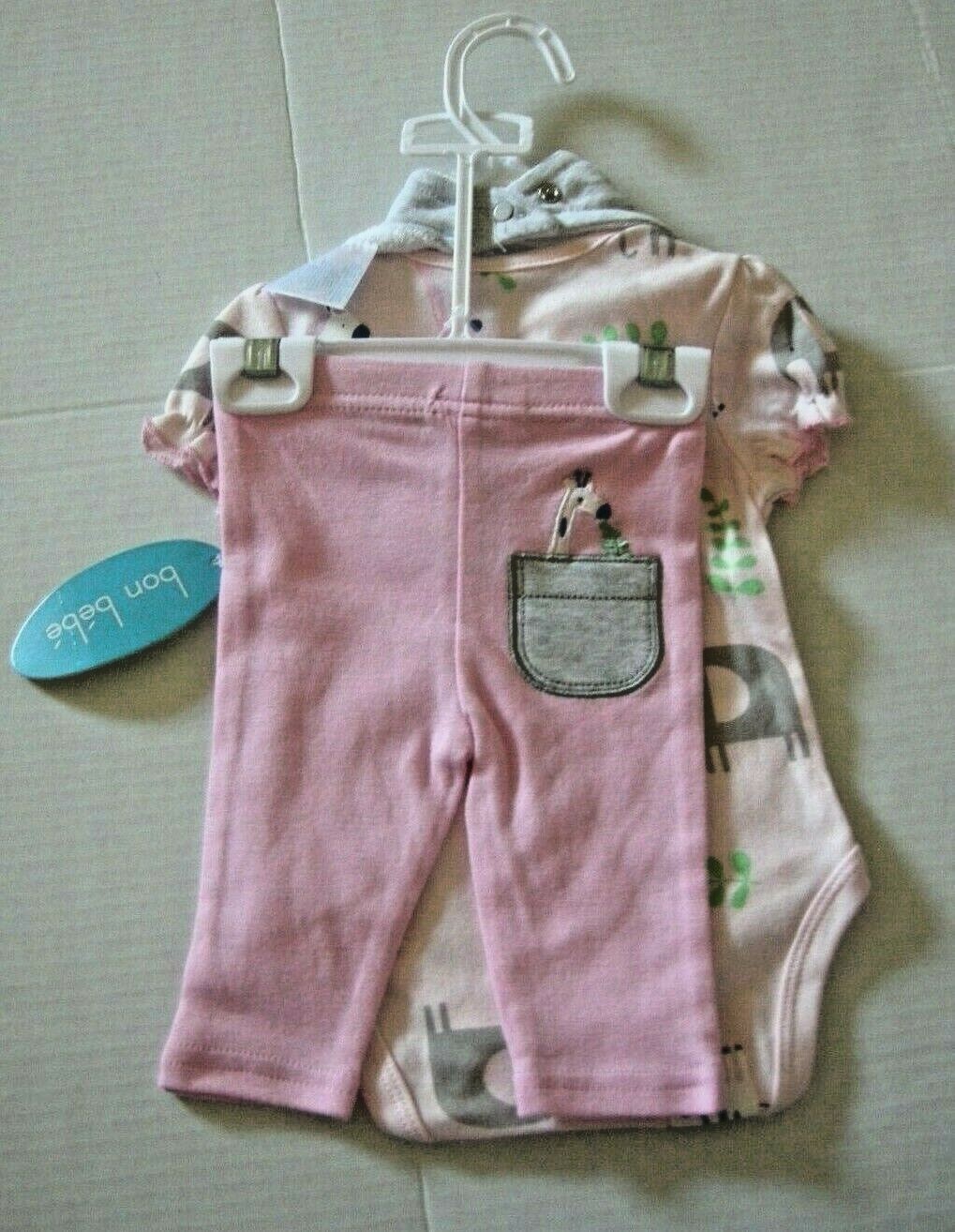 Girl, 3 Piece Baby Set W/Jungle Design By Bon Bebe, 0-3 Months, Cotton, New