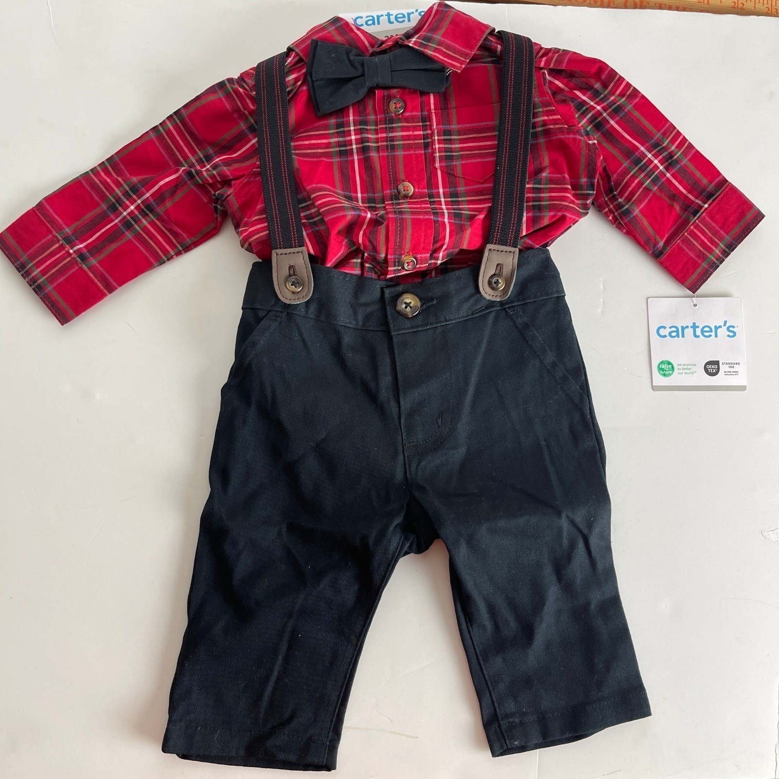 Carters Baby Boys 6M 4-Piece Plaid Shirt Suspenders Pants Bow Tie Set Red Black