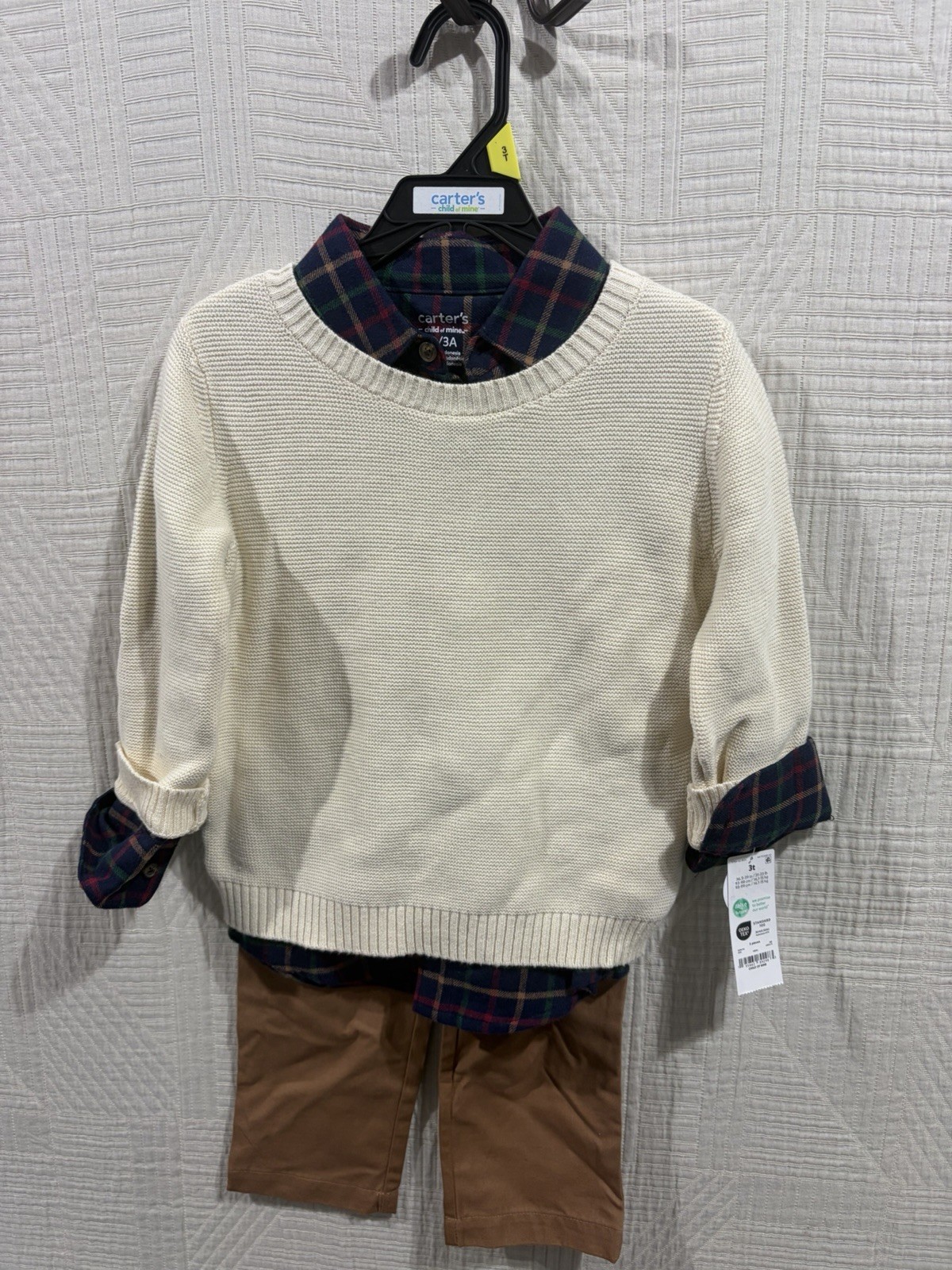Child Of Mine Boys 3 T 3 Piece Cream Sweater, Blue Plaid Shirt, Tan Pant Set New