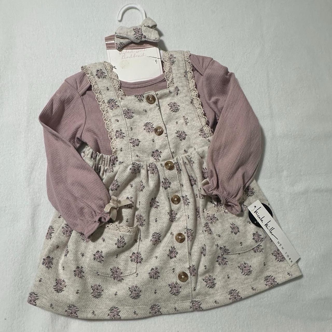 Nicole Miller NY Purple Floral Dress Set 3Pc Long Sleeve Bodysuit Headband 24M