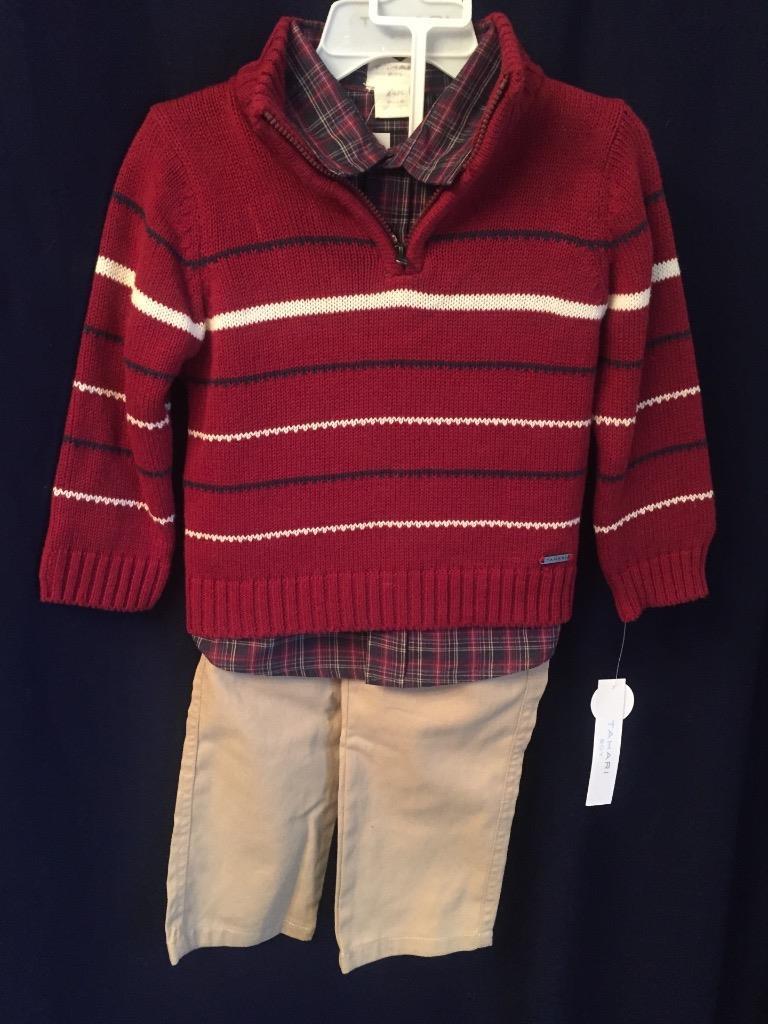 Tahari Boy’s 3 Piece 1/4 Zip Sweater, LSleeve Shirt, Khaki Pants 24 Mths. NWT