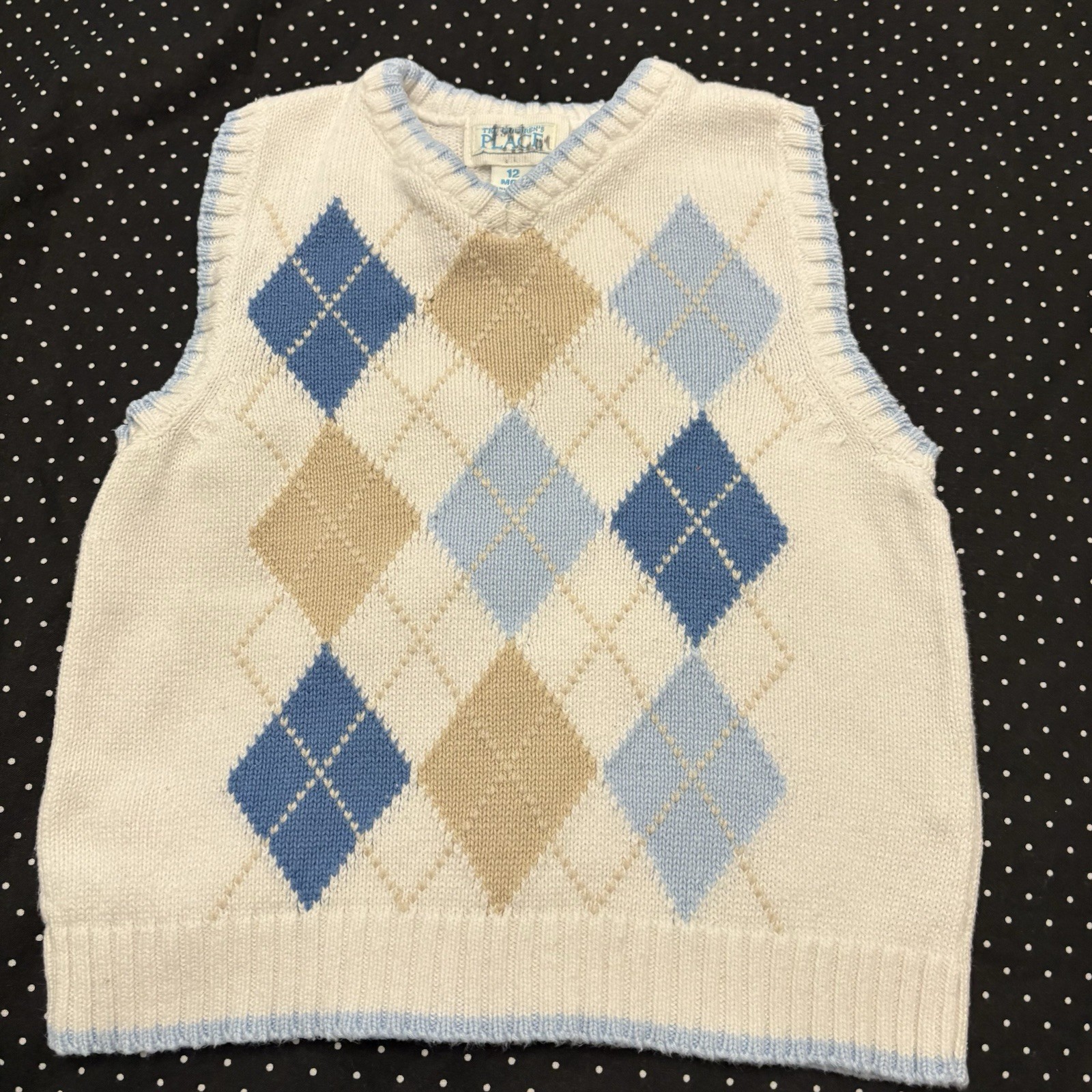 The Childrens Place Baby Boys Sweater Vest Sz 12 Mo Cotton Argyle White Blue Tan