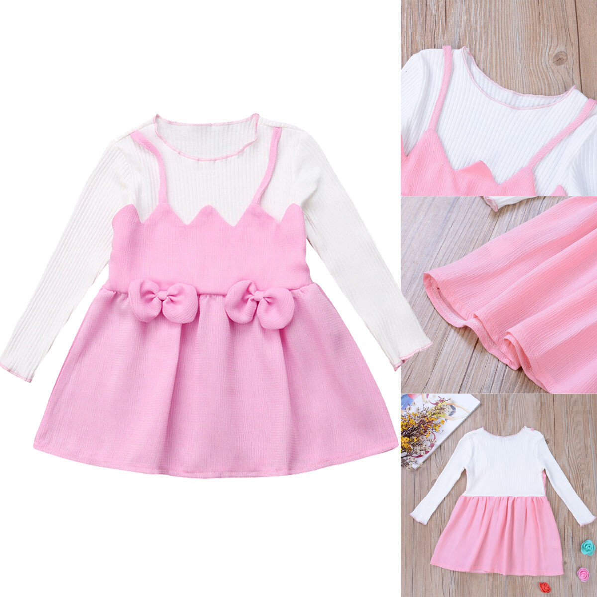 Infant Baby Girls Outfits Long Sleeve Patchwork Dress Romper Bow Skirts Clothes