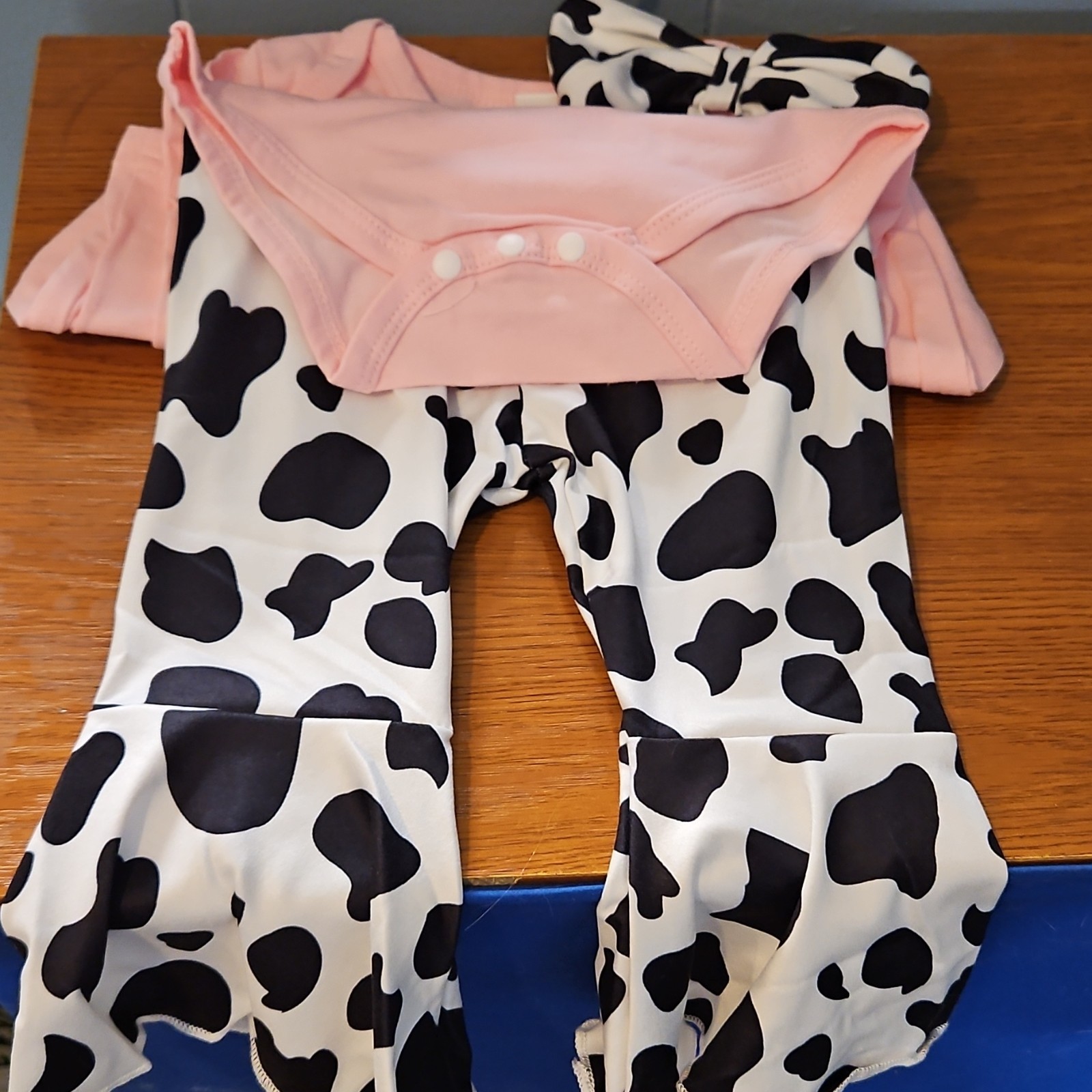 Pink Cow Print Bodysuit Pants Headband Set, 3 Piece, Polyester, Unisex