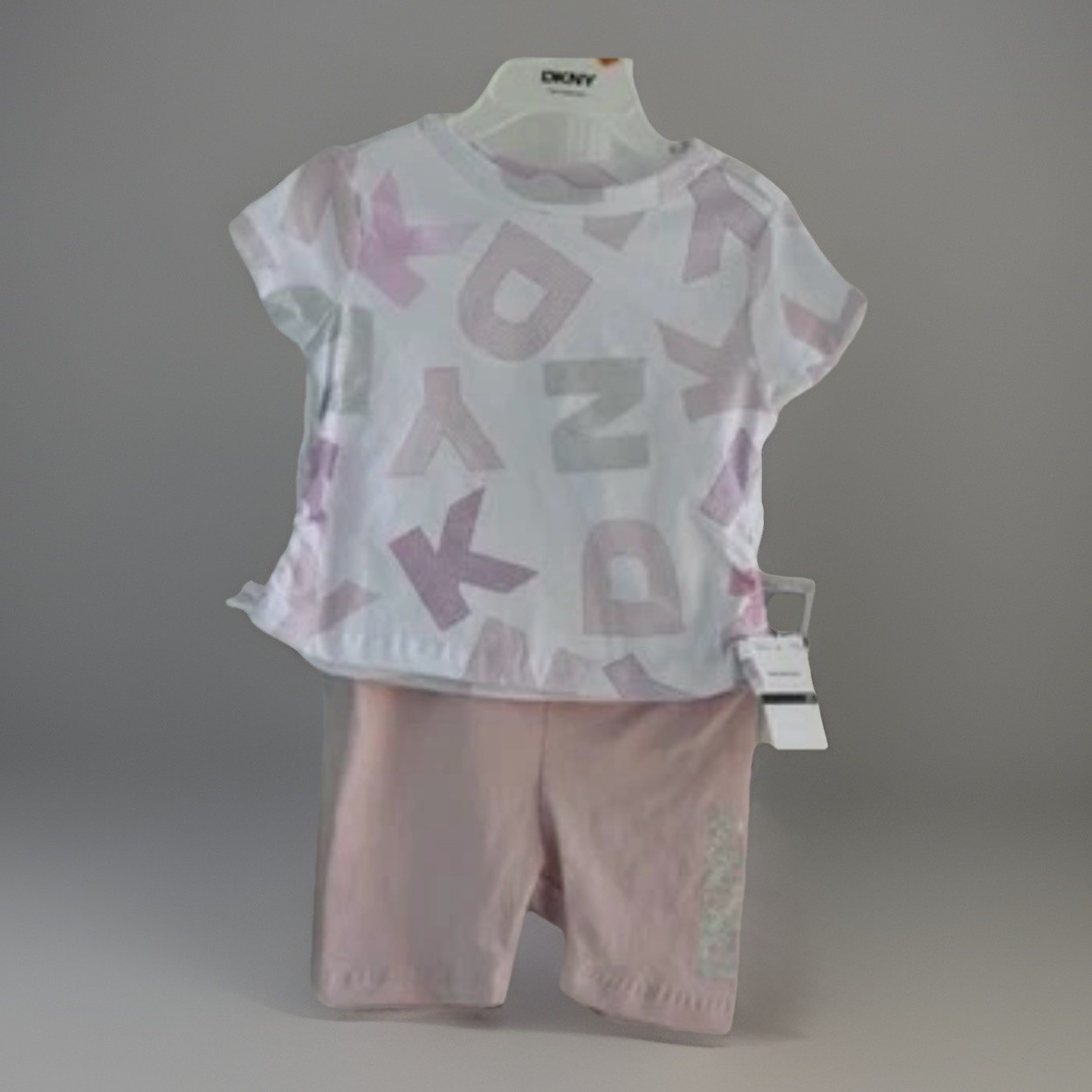 DKNY Baby Pink top Fringe Embellished Logo & Biker Shorts Set Girls 2T 3T New