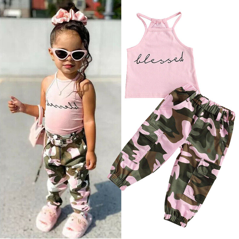 Toddler Newborn Baby Girl Outfits Clothes Print Halter Vest Camouflage Pants Set