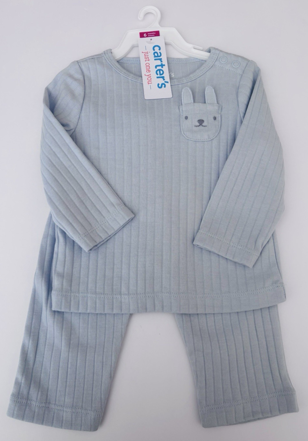 Carters (Boys Size 6M) Light Blue Ribbed Bunny Pocket 2pc Pants / Shirt Set NWT