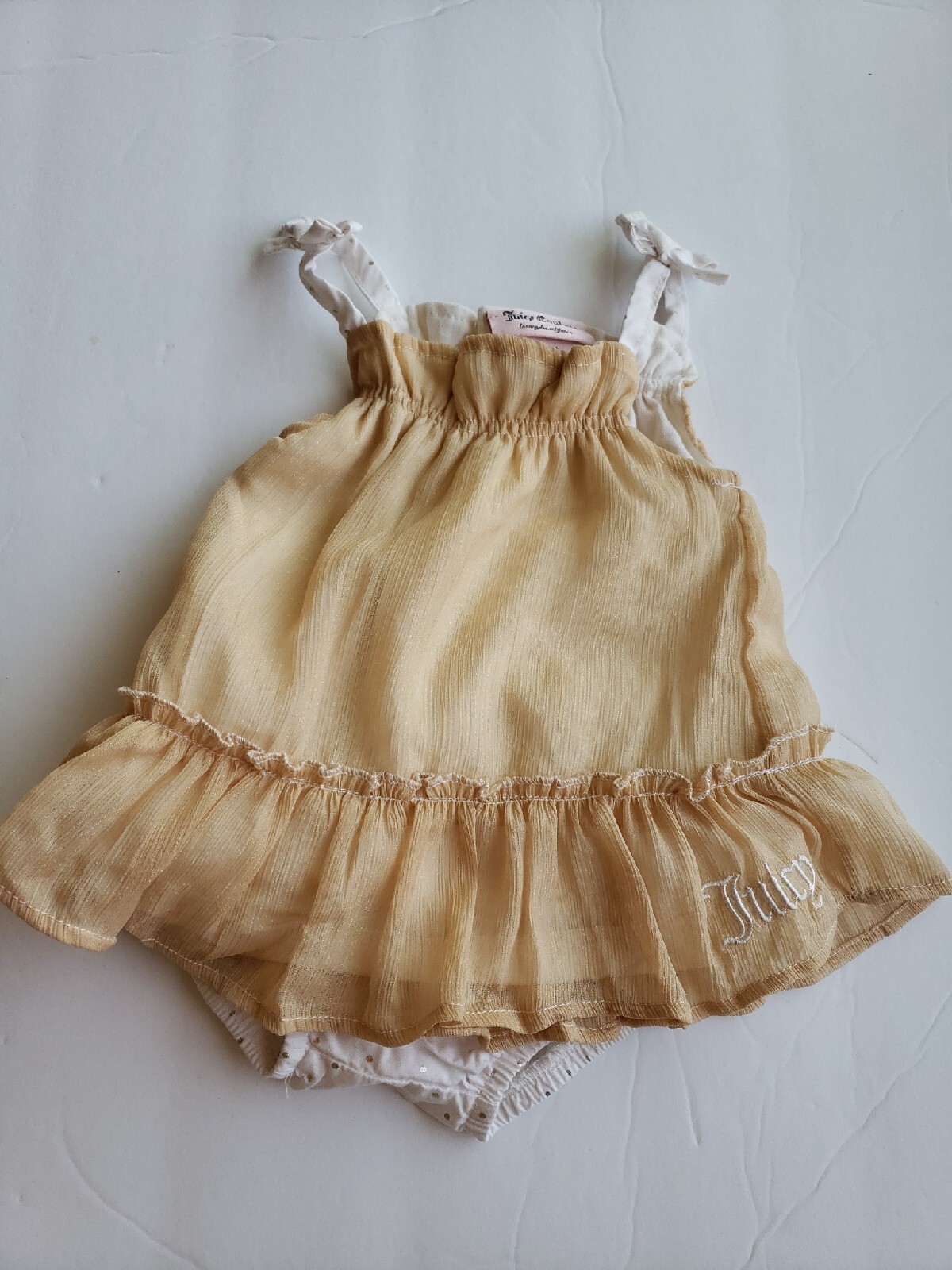 Juicy Couture Chiffon Gold Polka Dots Baby Dress & Bloomers Size 12 Months