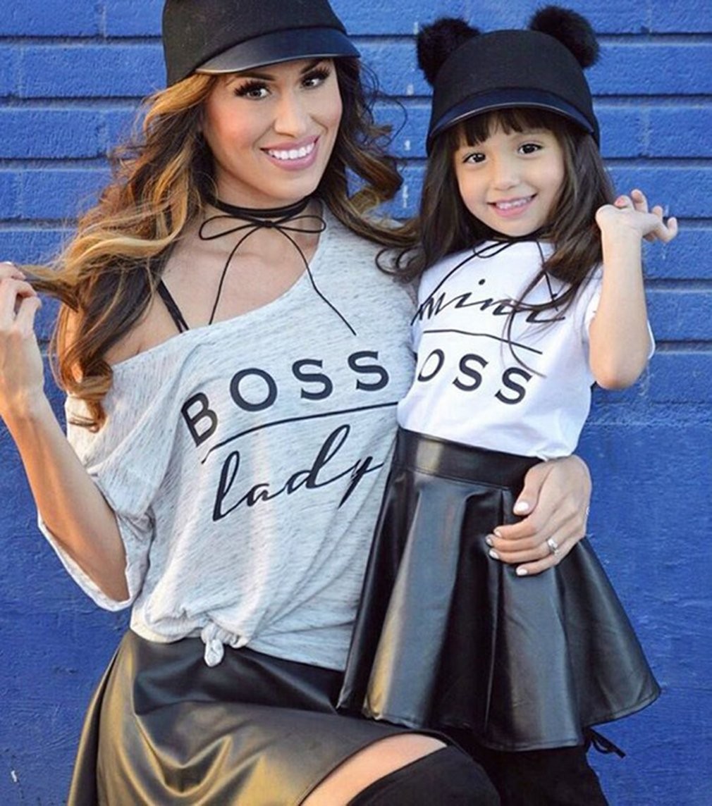 Kids Baby Girls Mini Boss Letters Short Sleeve Tops +Leather Skirt (Variety