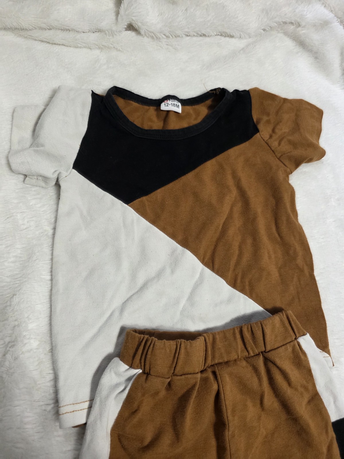 PatPat 12-18 Months Colorblock T-Shirt & Shorts Set Brown Black White Cotton