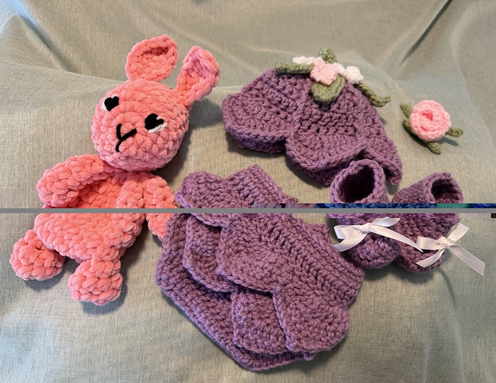 Handmade Crochet pink bunny snuggler with newborn fairy diaper cover outfit set
